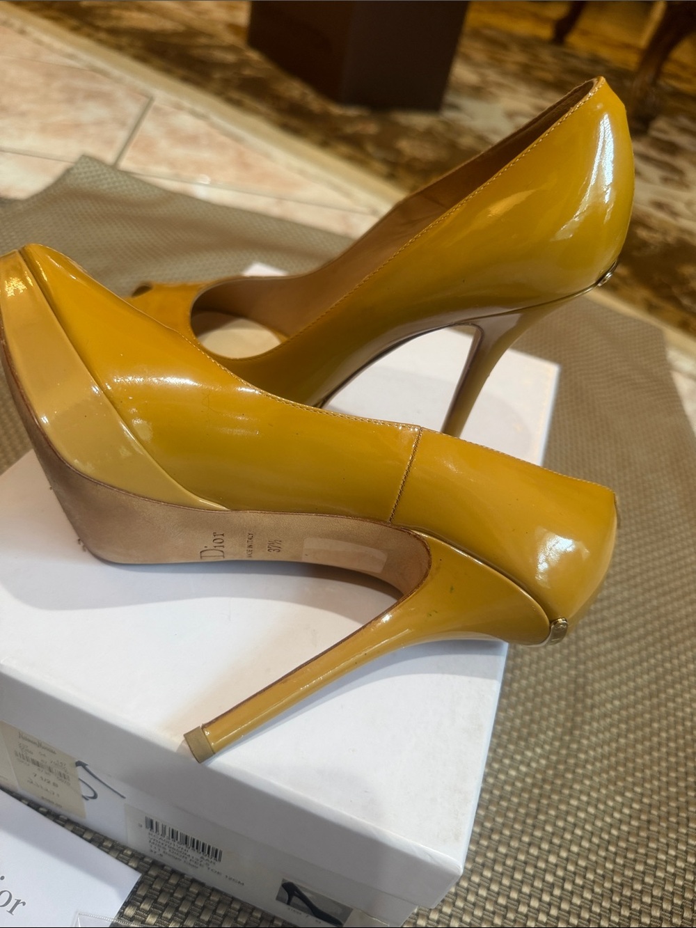 Dior Yellow Patent Leather Peep-Toe High Heels - Picture 2 of 7